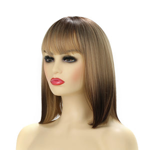 Blonde to Brown Short Bob Wigs for Women Natural Straight Synthetic Hair Wig with Bangs Like Real Human Hair