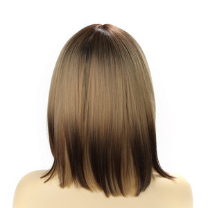 Blonde to Brown Short Bob Wigs for Women Natural Straight Synthetic Hair Wig with Bangs Like Real Human Hair