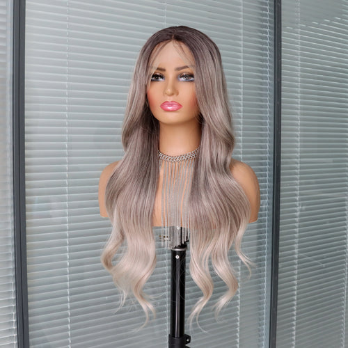Ash Blonde Wig with Bangs Long Wavy Ombre Brown to Blonde Wig with Bangs Synthetic Wigs