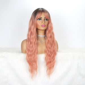 Long Ombre Pink Wigs for Women, Synthetic Dark Root Natural Looking Wig with Bang 26 Inches