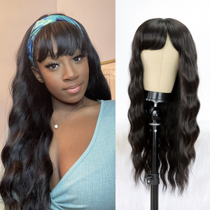 Natural Black Long Wavy Wig with Bangs Synthetic Wig