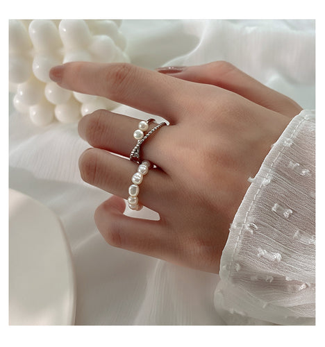 Double Bands Sterling Silver Rings and Freshwater Pearl Ring for Her