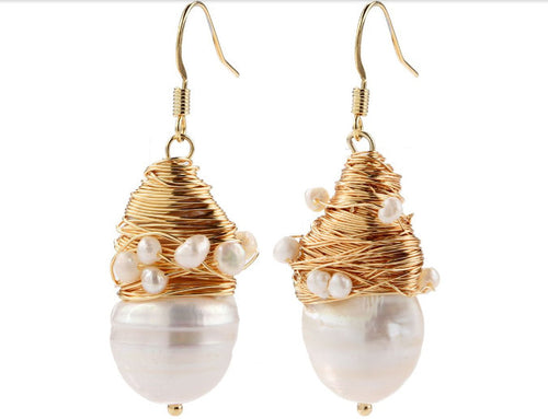 Baroque Large White Freshwater Cultured Pearl Drop Earrings Gold Plated Brass wire earring- CDPD418
