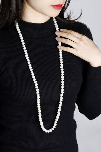 Elegant Lady White Pearl Long Strand Necklace Freshwater Pearl Beaded Sweater Necklace 36“