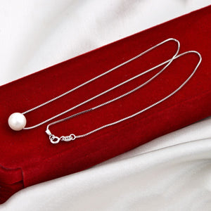925 Sterling Silver Box Chain with One White Round Pearl Necklace CDEN08