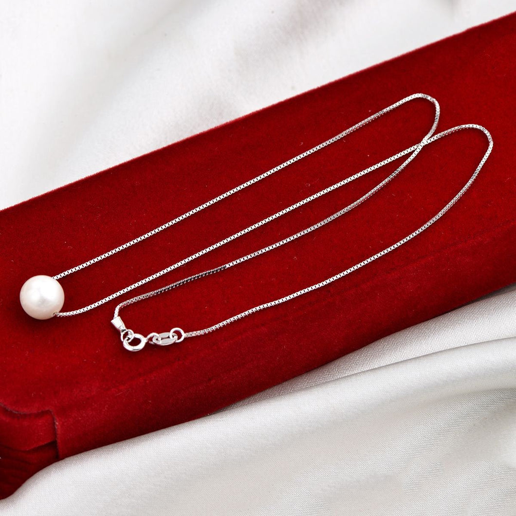 925 Sterling Silver Box Chain with One White Round Pearl Necklace CDEN08