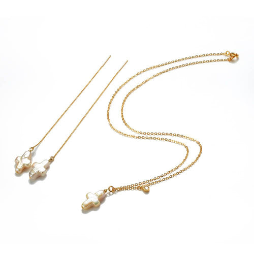 Cross Shaped Freshwater Pearl Pendant Necklace Earrings Set CDPD779