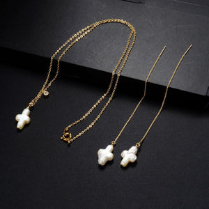 Cross Shaped Freshwater Pearl Pendant Necklace Earrings Set CDPD779