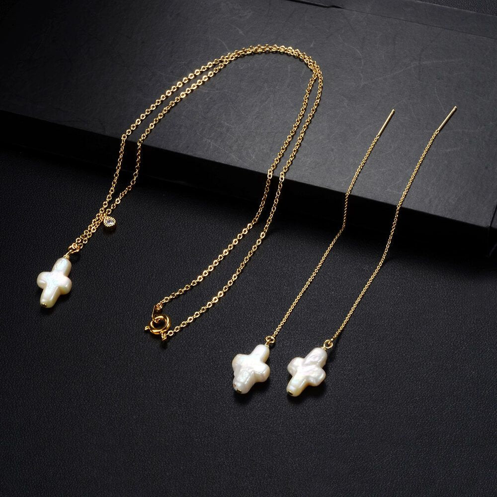 Cross Shaped Freshwater Pearl Pendant Necklace Earrings Set CDPD779