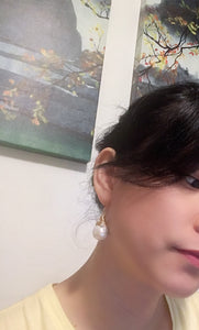 Baroque Large White Freshwater Cultured Pearl Drop Earrings Gold Plated Brass wire earring- CDPD418