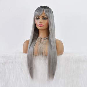 Silver Long Straight Wig with Bangs Synthetic Wig
